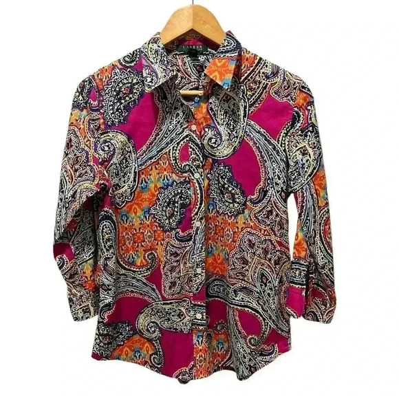 Ralph Lauren Floral Vibrant Paisley 3/4 Sleeve Button Down Shirt Size Medium - Picture 2 of 6